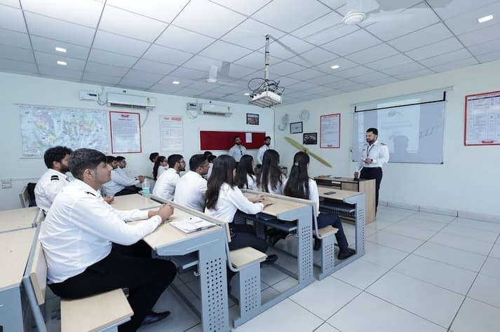 Pilot in helicopter cockpit with headset and controls